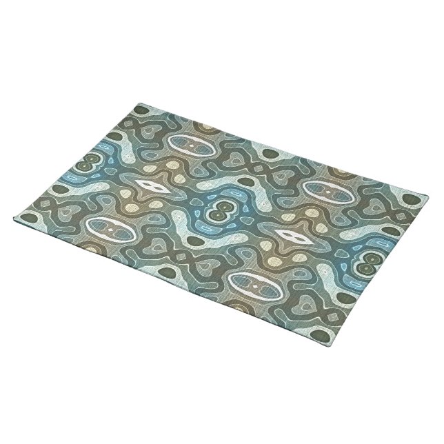 Teal Turquoise Blue Gray Brown Hip Bohemian Art Cloth Placemat (On Table)