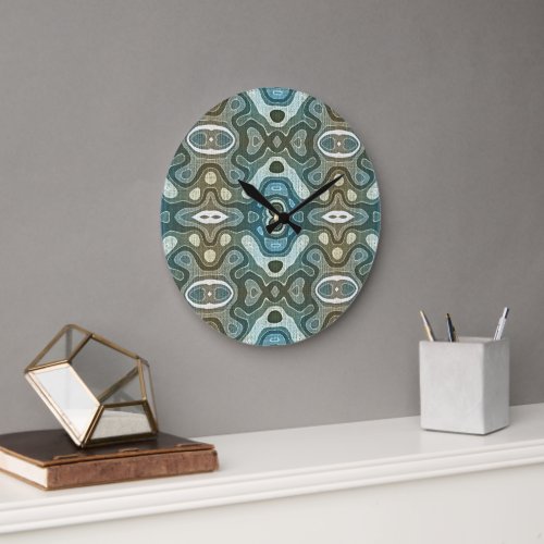 Teal Turquoise Blue Gray Brown Hip Bohemian Art Large Clock