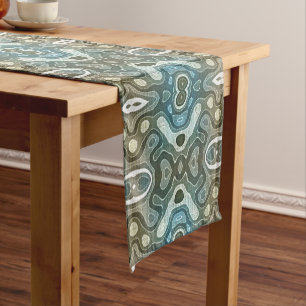 Teal Turquoise Blue Gray Brown Hip Bohemian Art Short Table Runner