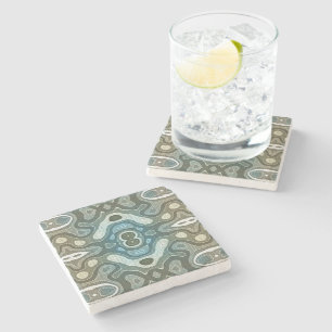 Teal Turquoise Blue Gray Brown Hip Bohemian Art Stone Coaster