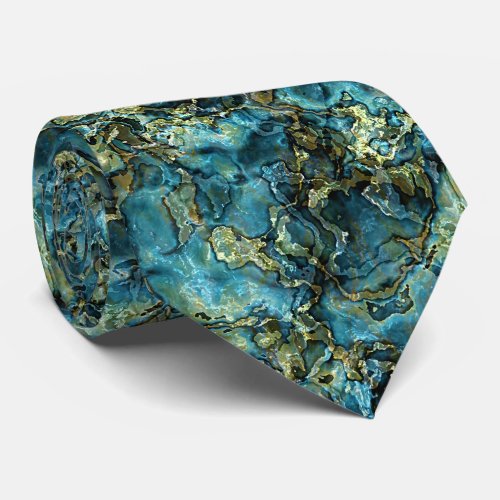 Teal Turquoise Blue Green Faux Gold Agate Pattern Tie