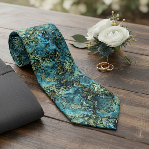Teal Turquoise Blue Green Faux Gold Agate Pattern Tie