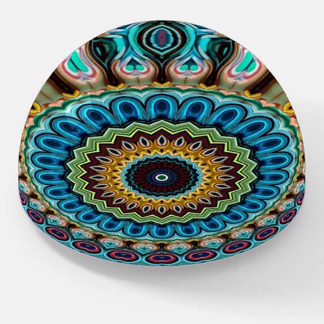 Teal Turquoise Blue Green Mandala Star Pattern Paperweight (Angled)