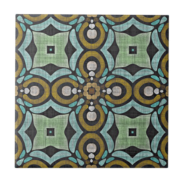 Teal Turquoise Blue Green Ochre Ethnic Tribe Art Ceramic Tile (Front)