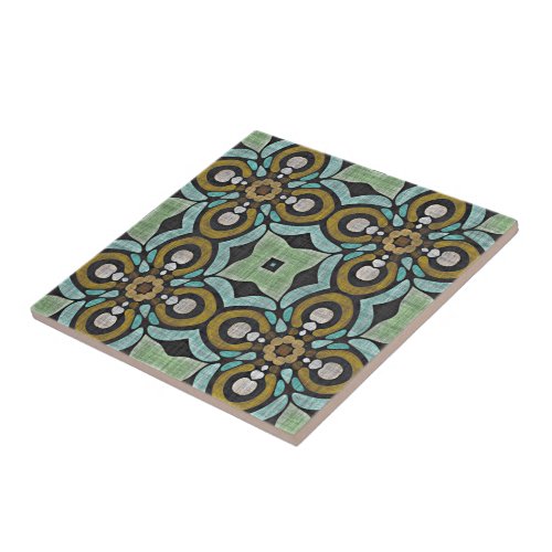 Teal Turquoise Blue Green Ochre Ethnic Tribe Art Tile