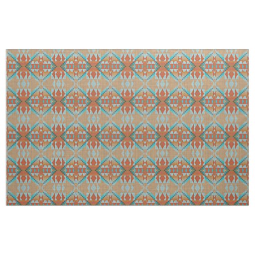 Teal Turquoise Blue Green Orange Ethnic Look Fabric