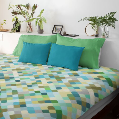 Teal Turquoise Blue Green Retro Round Squares Art Duvet Cover