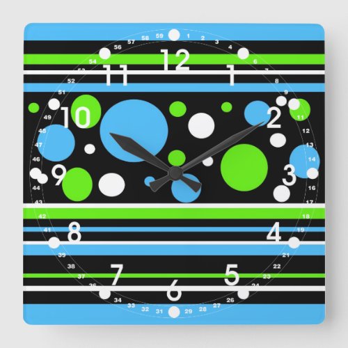 Teal Turquoise Blue Lime Green Stripes Polka Dots Square Wall Clock