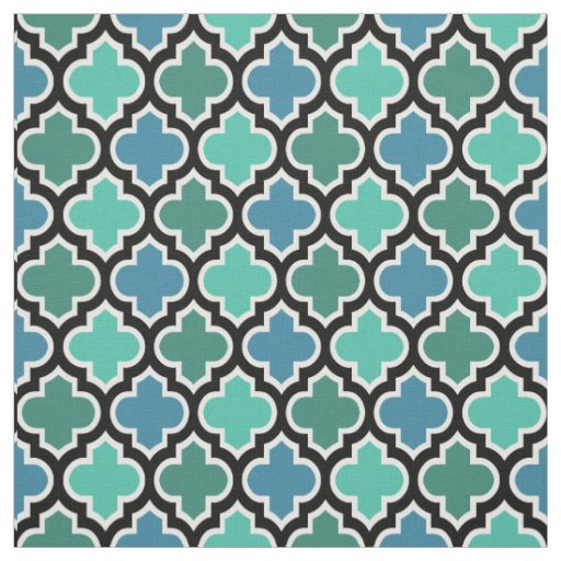 Teal Turquoise Blue Moroccan Quatrefoil Pattern Fabric