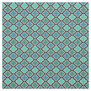 Teal Turquoise Blue Moroccan Quatrefoil Pattern Fabric