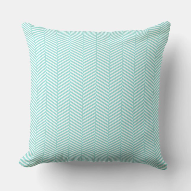 Teal Turquoise Blue White Chevron Throw Pillow (Front)