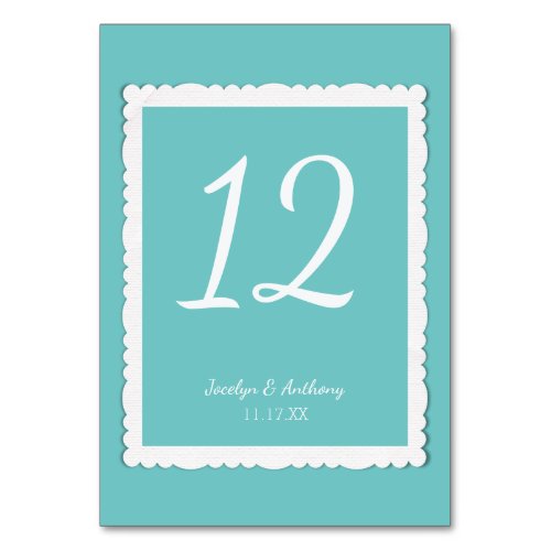 Teal Turquoise Blue With White Scalloped Frame Table Number