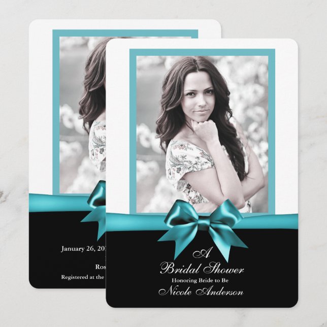 Teal Turquoise Bow Photo Bridal Shower Invitation (Front/Back)