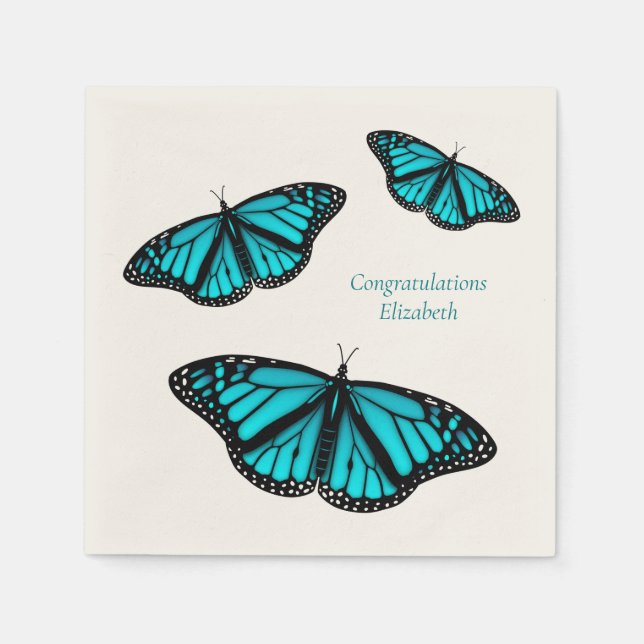 teal turquoise butterflies personalized napkins (Front)
