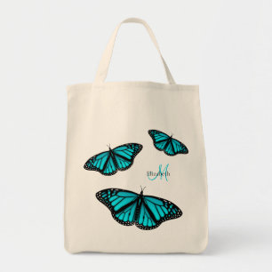 teal turquoise butterflies personalized tote bag