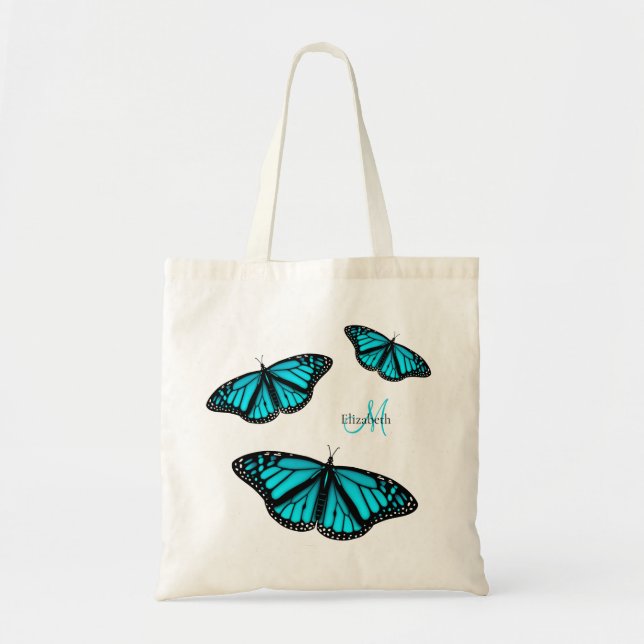 teal turquoise butterflies personalized tote bag (Front)