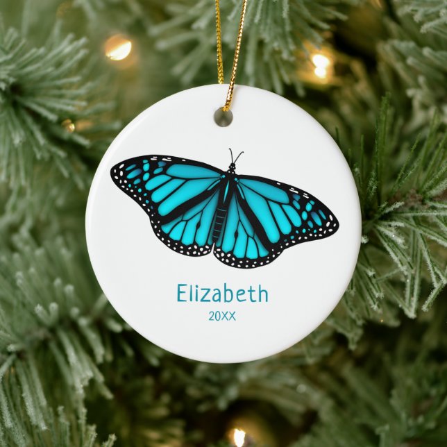 teal turquoise butterfly personalized ceramic ornament (Tree)