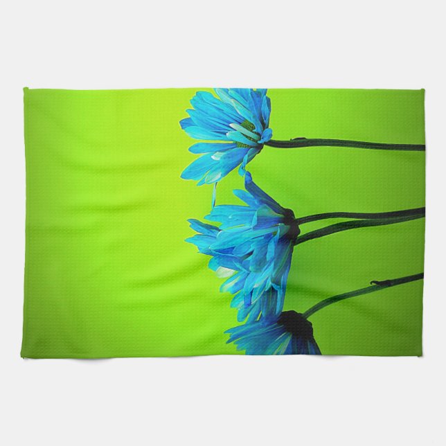 Teal Turquoise Daisies on Lime Green Flowers Gifts Kitchen Towel (Horizontal)