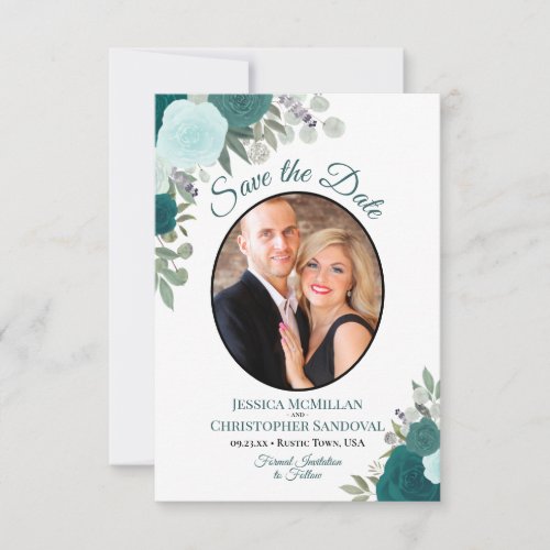 Teal  Turquoise Elegant Floral Boho Wedding Photo Save The Date