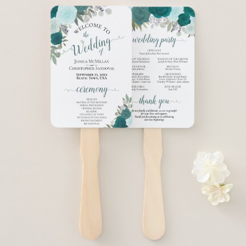 Teal  Turquoise Elegant Floral Wedding Program Hand Fan