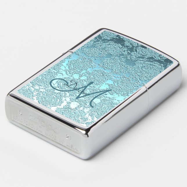 Teal Turquoise Elegant Girly Monogram Initial Zippo Lighter (Angled)