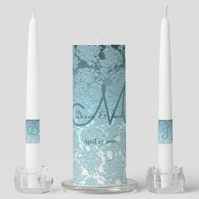  Teal Turquoise Elegant Wedding Ceremony Monogram Unity Candle Set (Front)