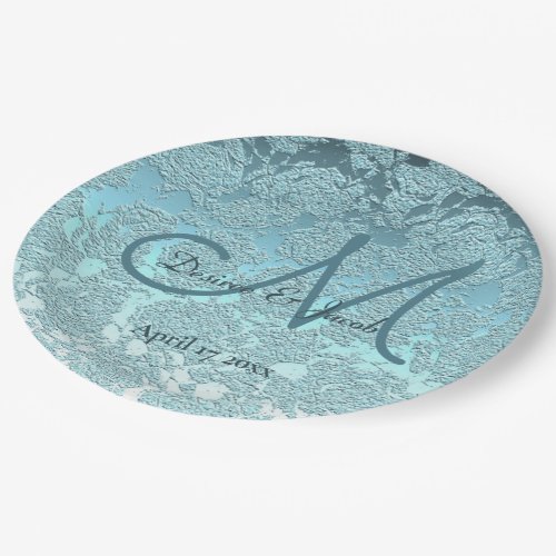 Teal Turquoise Elegant Wedding Reception Monogram Paper Plates