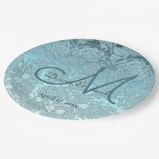 Teal Turquoise Elegant Wedding Reception Monogram Paper Plates (Angled)