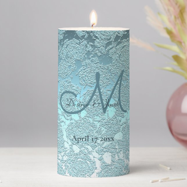  Teal Turquoise Elegant Wedding Reception Monogram Pillar Candle (In Situ)