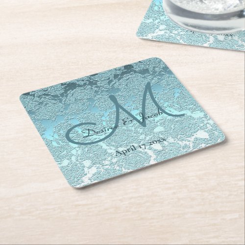 Teal Turquoise Elegant Wedding Reception Monogram Square Paper Coaster