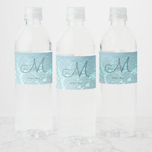 Teal Turquoise Elegant Wedding Reception Monogram Water Bottle Label