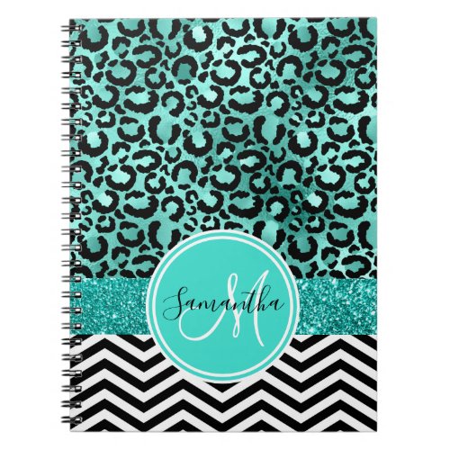 Teal Turquoise Faux Glitter Leopard Print Monogram Notebook