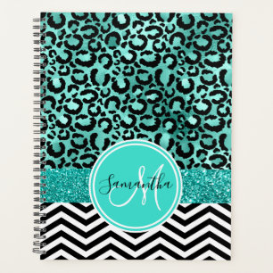 Teal Turquoise Faux Glitter Leopard Print Monogram Planner