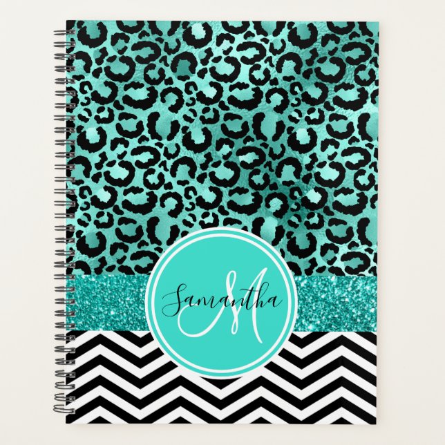 Teal Turquoise Faux Glitter Leopard Print Monogram Planner (Front)