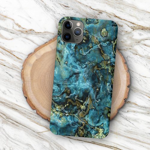 Teal Turquoise Faux Gold Minerals Agate Pattern iPhone 13 Pro Max Case
