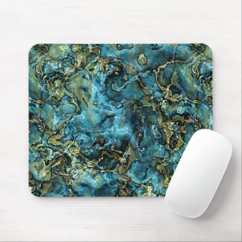 Teal Turquoise Faux Gold Minerals Agate Pattern Mouse Pad