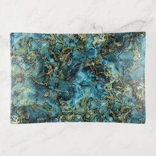 Teal Turquoise Faux Gold Minerals Agate Pattern Trinket Tray