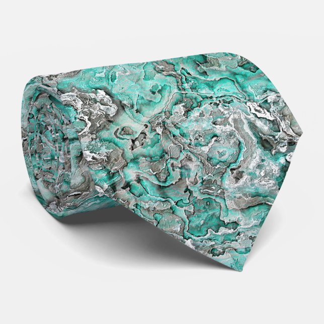 Teal Turquoise Faux Silver Gray Marbled Art Tie (Rolled)