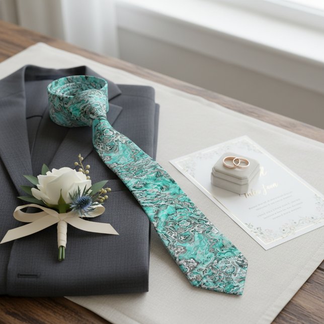 Teal Turquoise Faux Silver Gray Marbled Art Tie (Creator Uploaded)