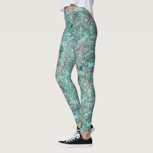 Teal Turquoise Faux Silver Minerals Agate Pattern Leggings