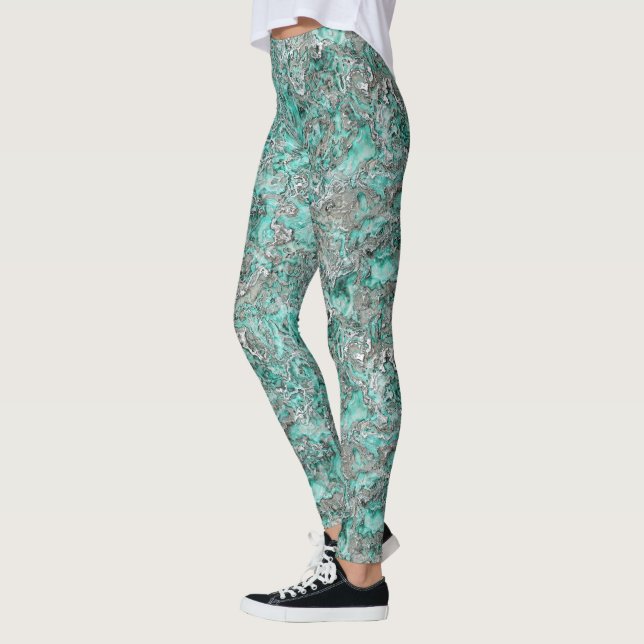 Teal Turquoise Faux Silver Minerals Agate Pattern Leggings (Left)