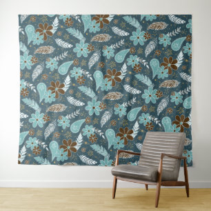 teal turquoise feathers doodle flowers boho tapestry