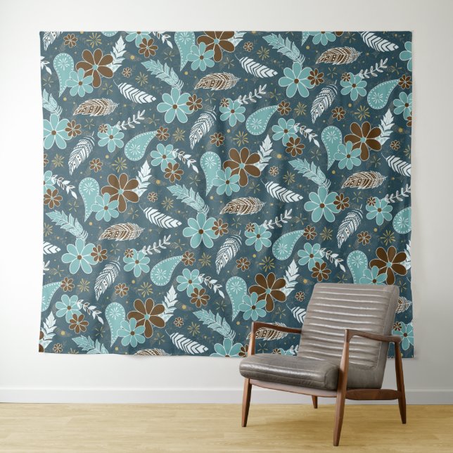 teal turquoise feathers doodle flowers boho tapestry (In Situ (Horizontal))
