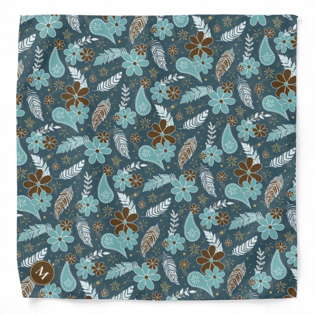 teal turquoise feathery flowery boho pattern bandana (Front)