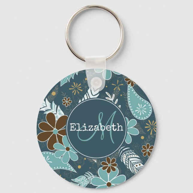 teal turquoise feathery flowery boho pattern keychain (Front)