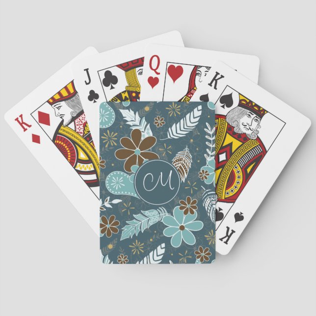 teal turquoise feathery flowery boho pattern poker cards (Back)