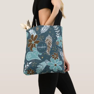 teal turquoise feathery flowery boho pattern tote bag