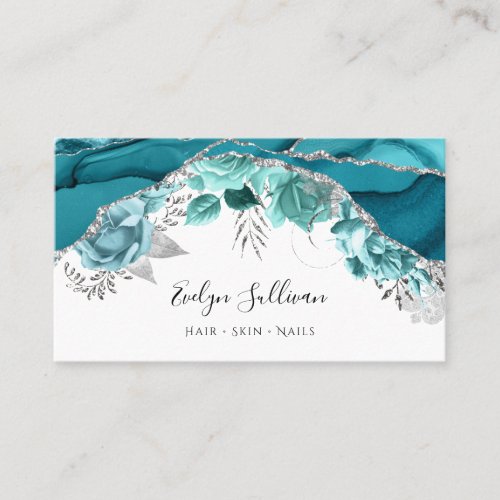 teal turquoise floral agate business card