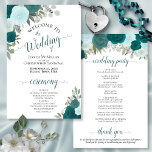 Teal & Turquoise Floral Budget Wedding Program<br><div class="desc">These wedding programs are elegant and tasteful, while still being budget friendly. The design features a bevy of hand painted watercolor roses in shades of teal, turquoise, aqua, and cyan, surrounded by eucalyptus leaves and garden foliage. The typography features lacy script calligraphy, and there is room for details on the...</div>