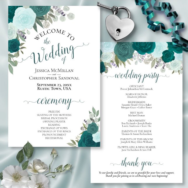 Teal & Turquoise Floral Budget Wedding Program (In Situ Front and Back)